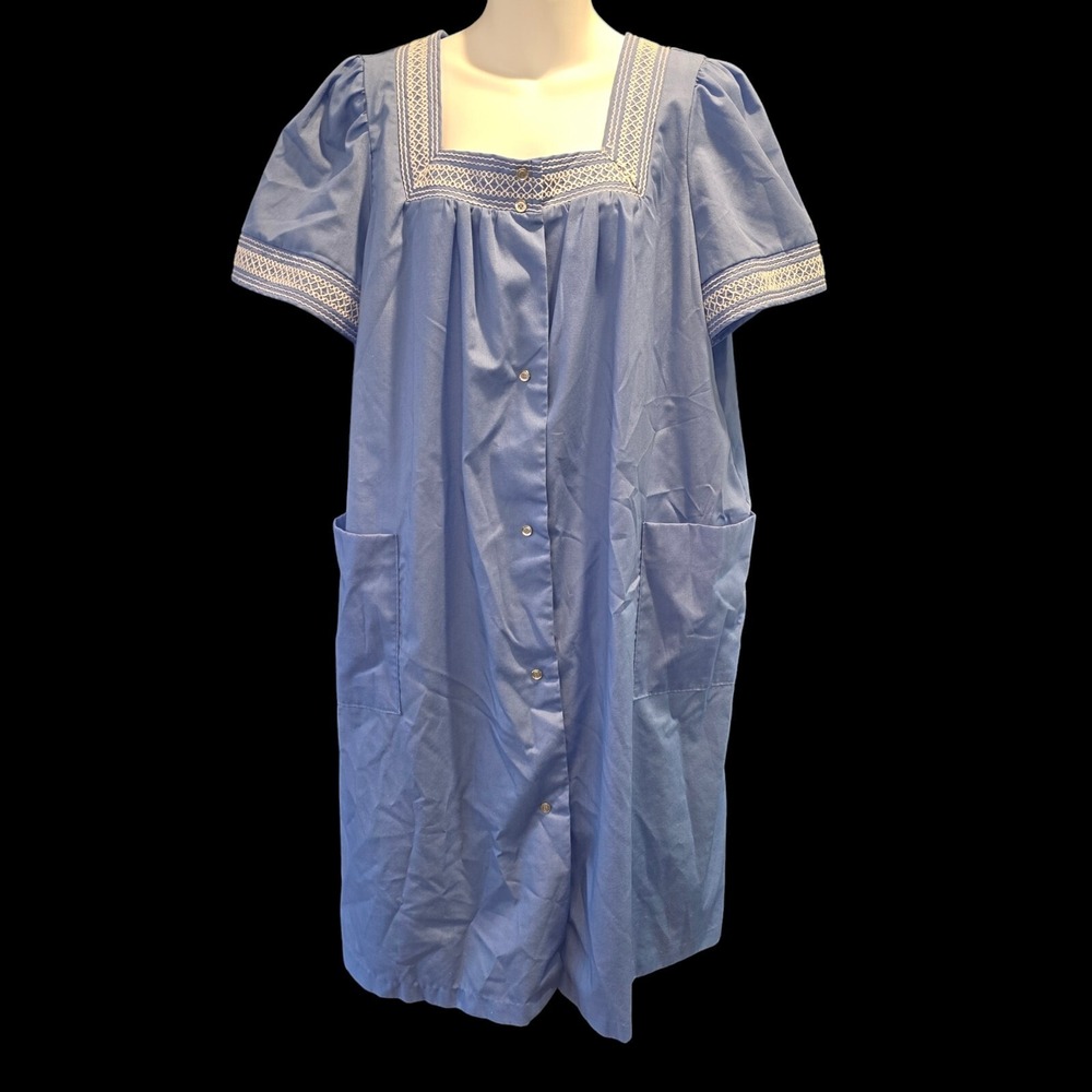 Vtg Lora Dee House Dress Women Plus Size 42-44 2X Solid‎ Blue Patio Maxi Lounge